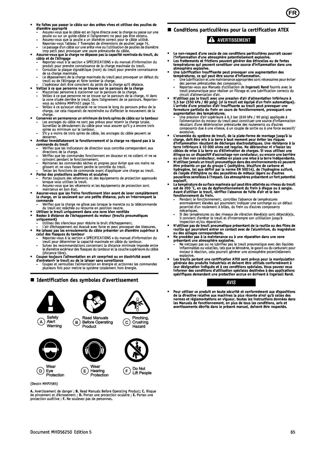 Ingersoll-Rand manual n Identification des symboles davertissement, Avertissement, Avis, Document MHD56250 Edition 