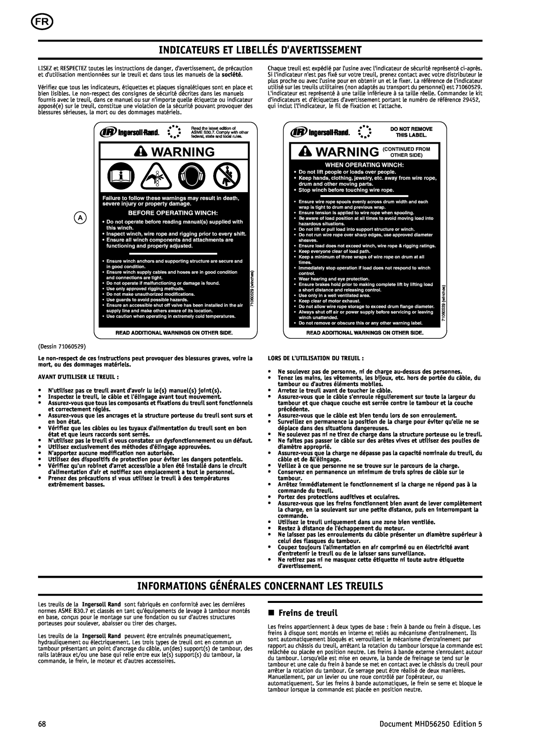 Ingersoll-Rand MHD56250 manual Indicateurs Et Libellés Davertissement, Informations Générales Concernant Les Treuils 