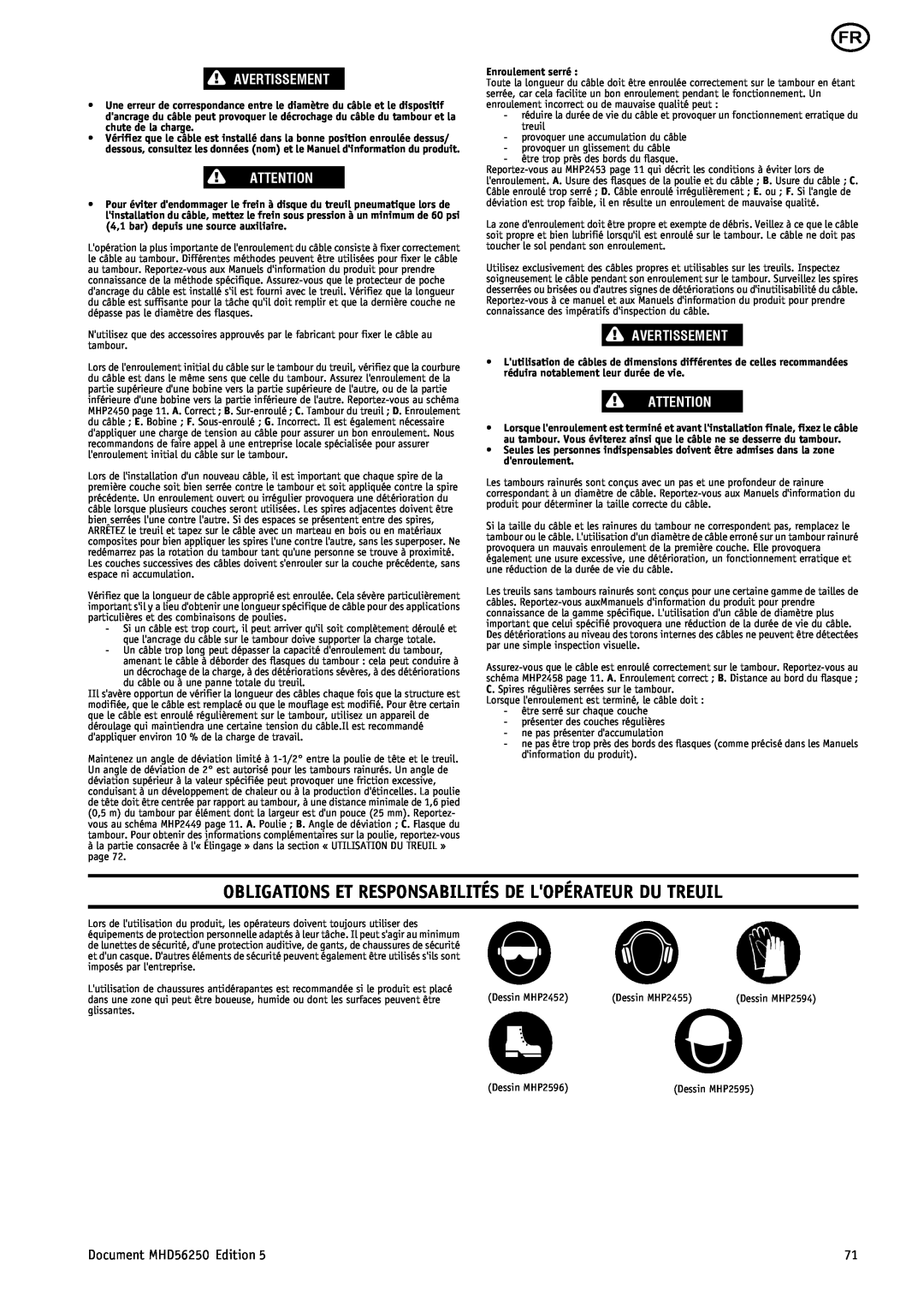 Ingersoll-Rand manual Obligations Et Responsabilités De Lopérateur Du Treuil, Avertissement, Document MHD56250 Edition 