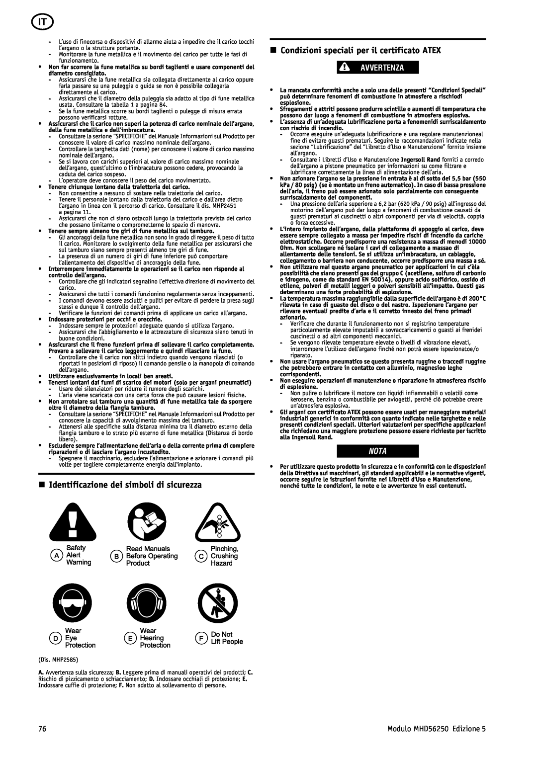 Ingersoll-Rand MHD56250 n Identificazione dei simboli di sicurezza, n Condizioni speciali per il certificato ATEX, Nota 