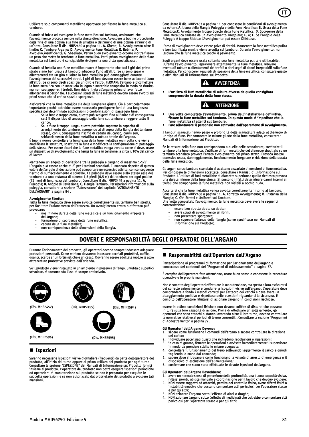 Ingersoll-Rand MHD56250 manual Doveri E Responsabilità Degli Operatori Dell’Argano, n Ispezioni, Avvertenza, Attenzione 