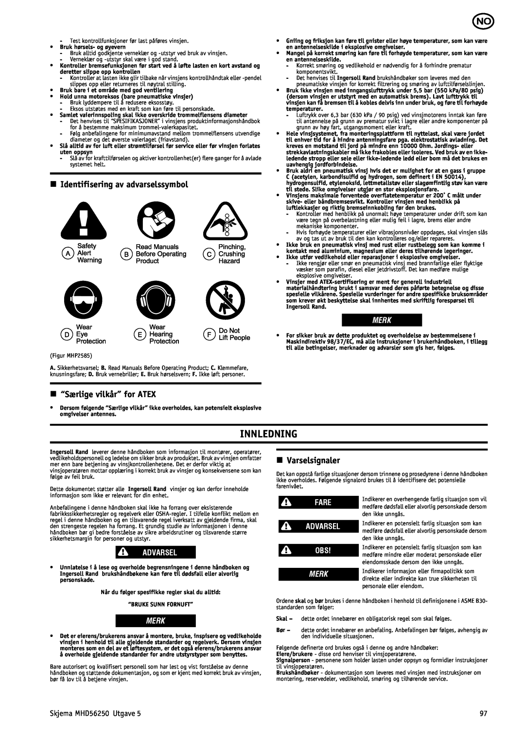 Ingersoll-Rand MHD56250 Innledning, n Identifisering av advarselssymbol, n “Særlige vilkår” for ATEX, n Varselsignaler 