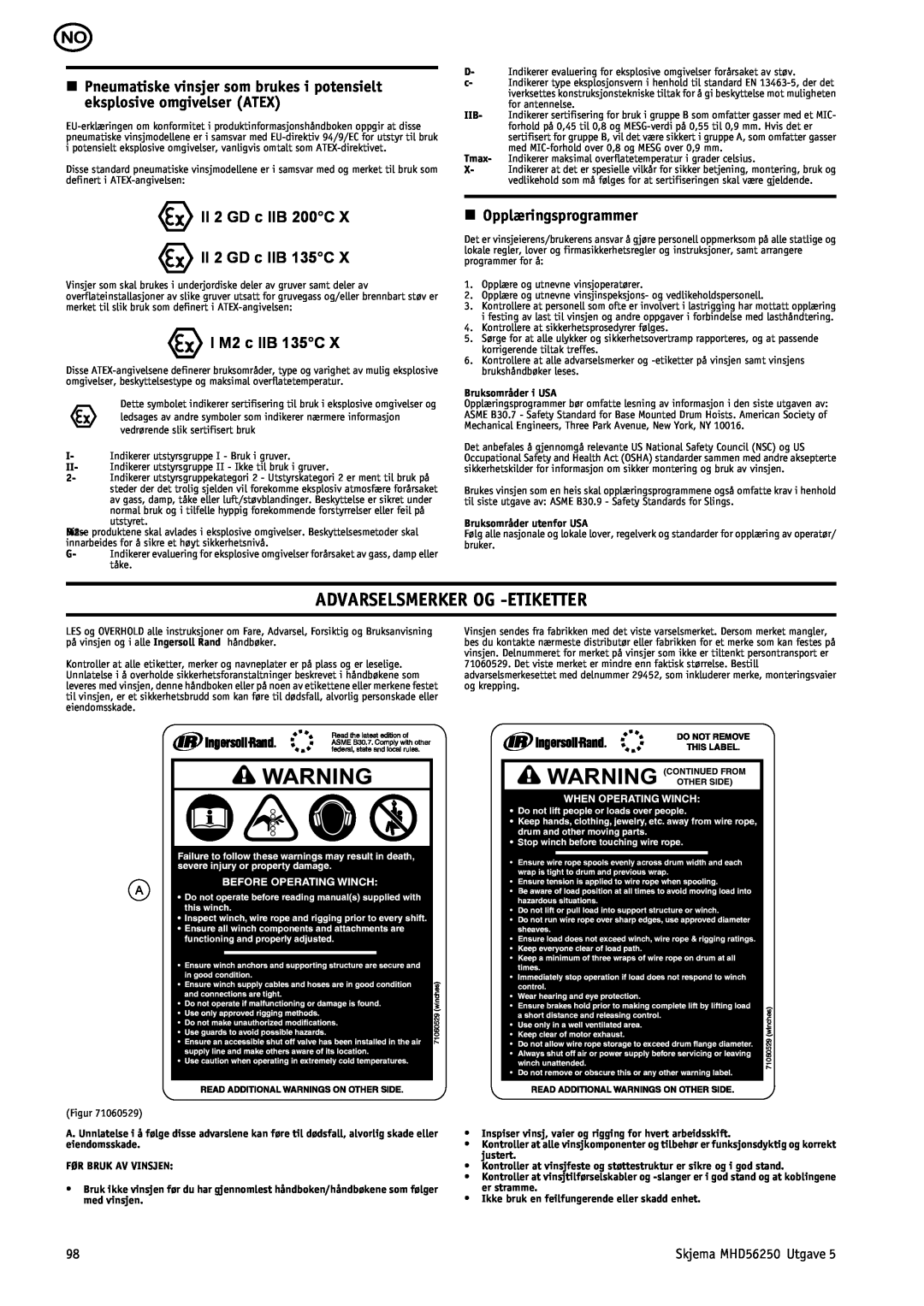Ingersoll-Rand MHD56250 manual Advarselsmerker Og -Etiketter, II 2 GD c IIB 200C II 2 GD c IIB 135C, I M2 c IIB 135C 