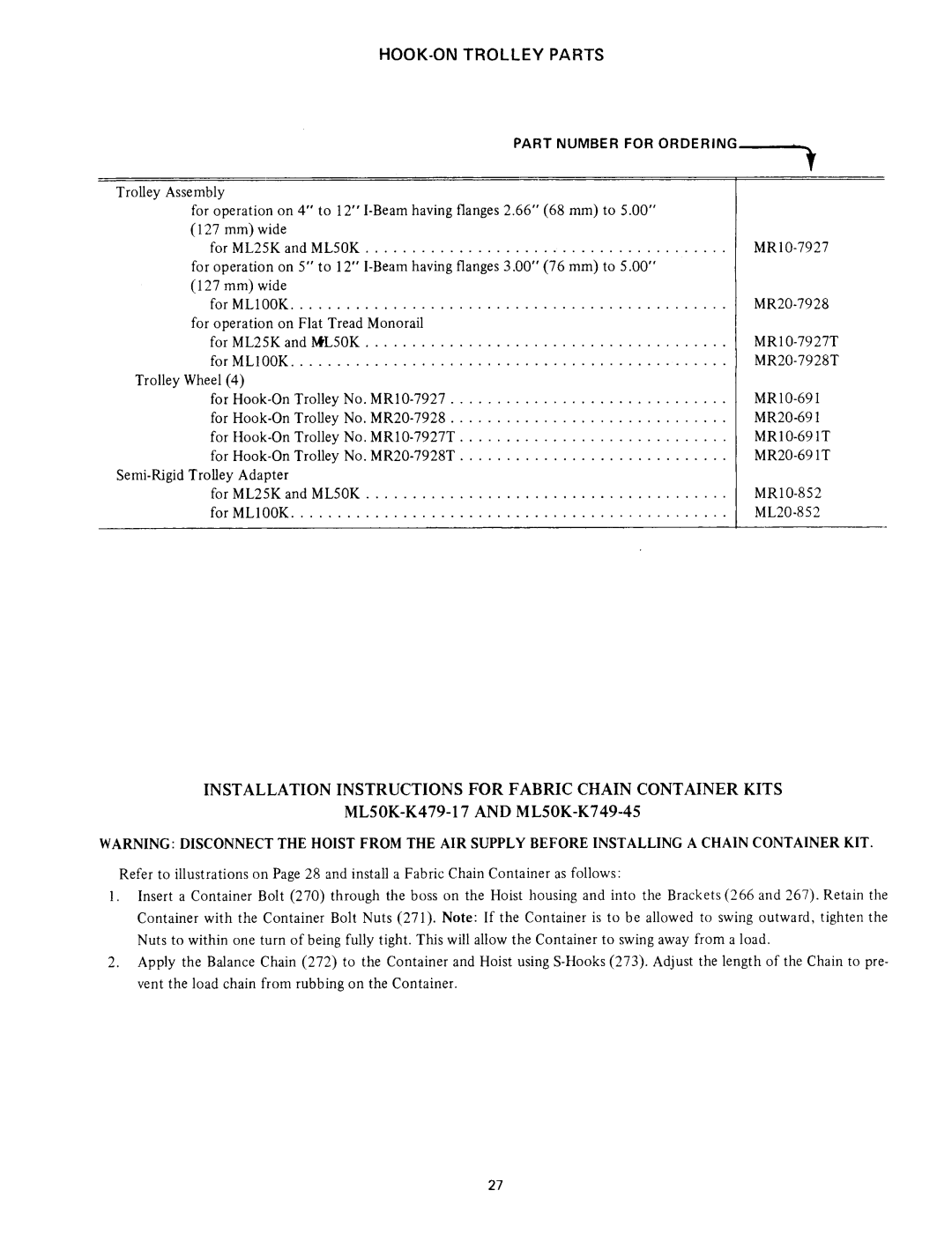 Ingersoll-Rand ML25K, ML50K, ML100K manual HOOK-ON Trolley Parts, Installation Instructions for Fabric Chain Container Kits 