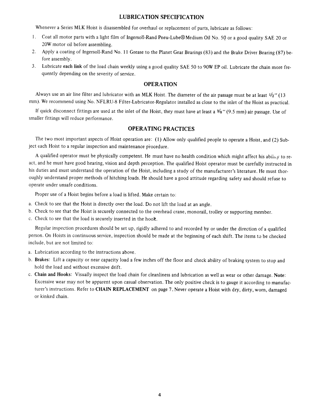 Ingersoll-Rand ML50K, ML25K, ML100K manual Lubrication Specification, Operation, Operating Practices 