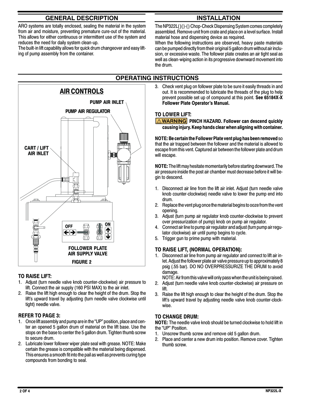 Ingersoll-Rand NP322L01-1 General Description, Installation, Operating Instructions, To Raise Lift, To Lower Lift 