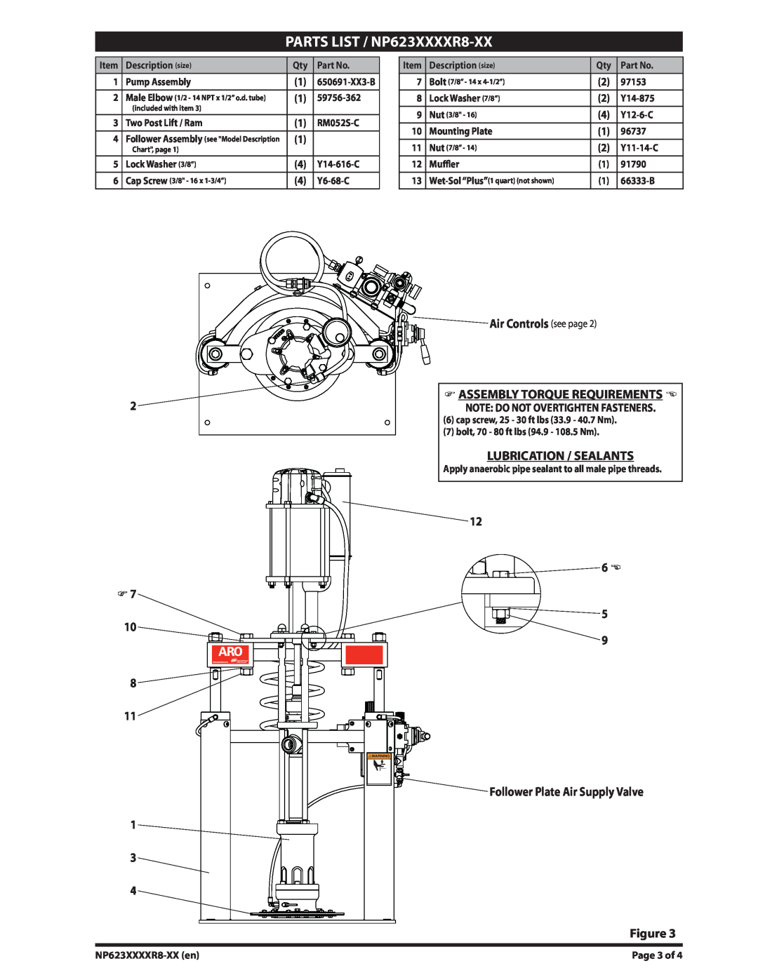 Ingersoll-Rand manual PARTS LIST / NP623XXXXR8-XX, Air Controls see page, Lubrication / Sealants 