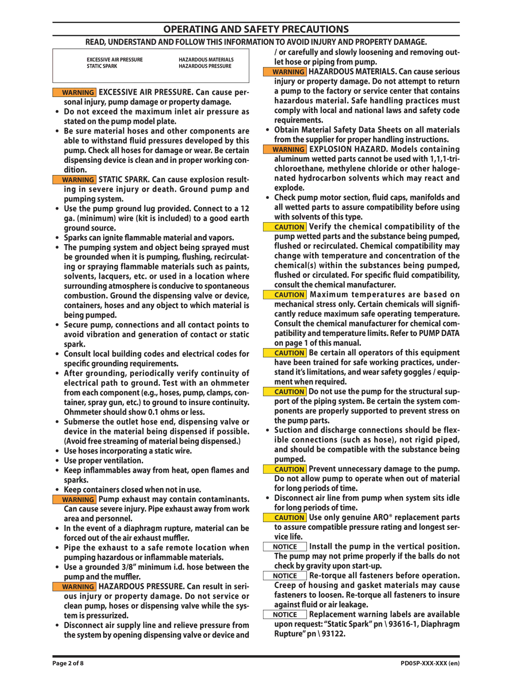 Ingersoll-Rand PD05P-XXX-XXX manual Operating and Safety Precautions 