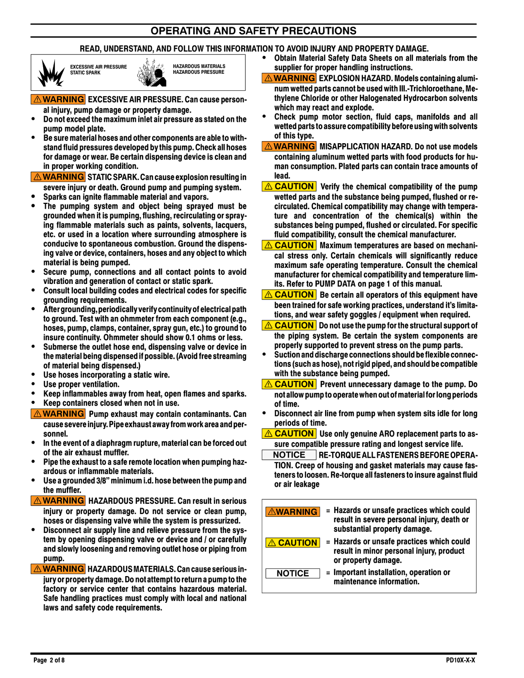 Ingersoll-Rand PD10X-X-X, PE10X-X-X manual Operating and Safety Precautions, Sparks can ignite flammable material and vapors 