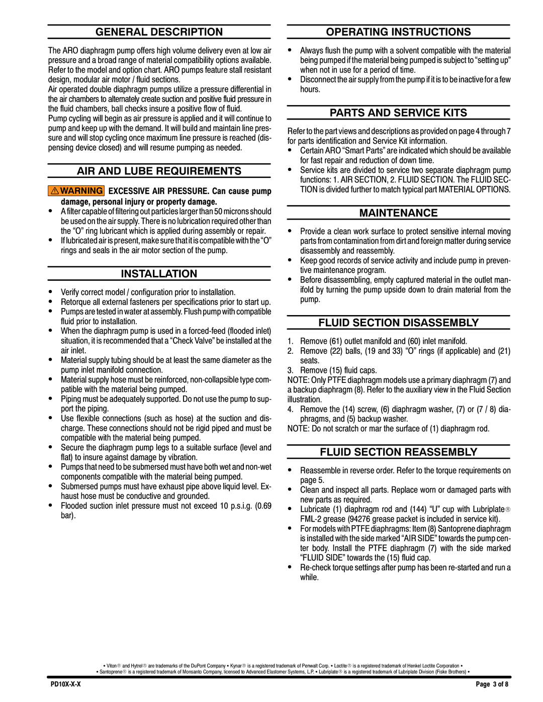 Ingersoll-Rand PE10X-X-X General Description, AIR and Lube Requirements, Installation, Operating Instructions, Maintenance 