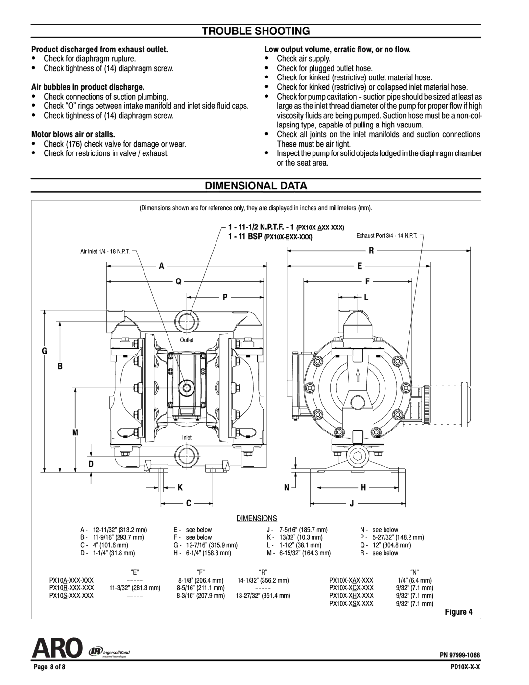 Ingersoll-Rand PD10X-X-X, PE10X-X-X manual Trouble Shooting, Dimensional Data 