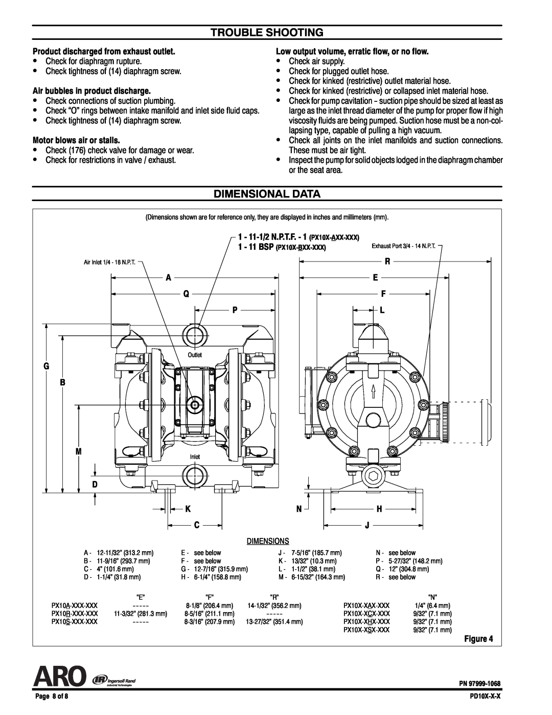 Ingersoll-Rand PD10X-X-X, PE10X-X-X manual Trouble Shooting, Dimensional Data 