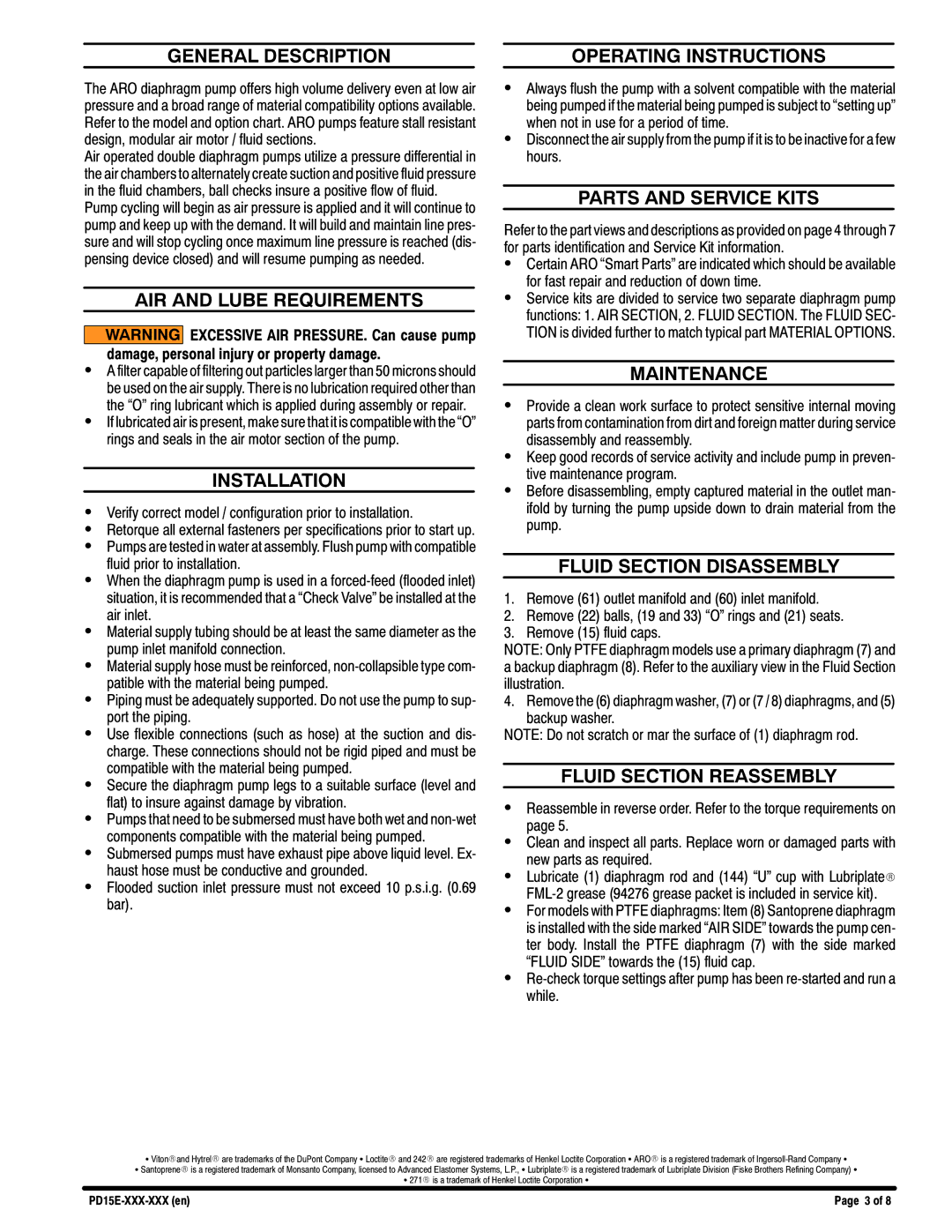 Ingersoll-Rand PD15E-FES-PXX manual General Description, AIR and Lube Requirements, Installation, Operating Instructions 