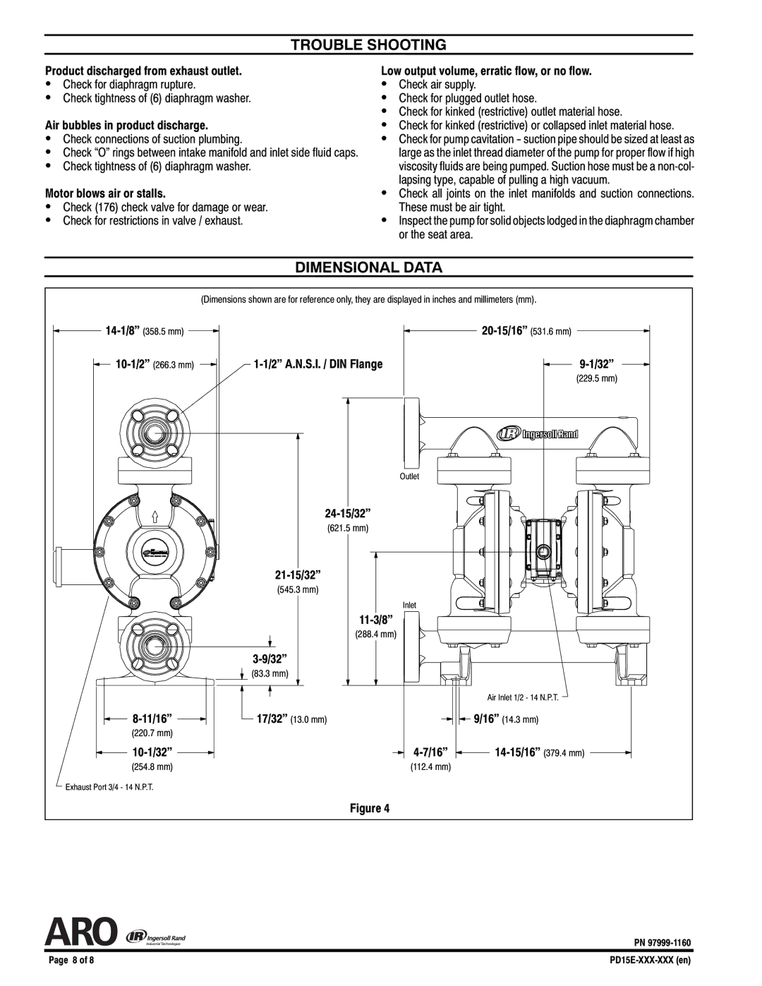 Ingersoll-Rand PD15E-FES-PXX manual Trouble Shooting, Dimensional Data 