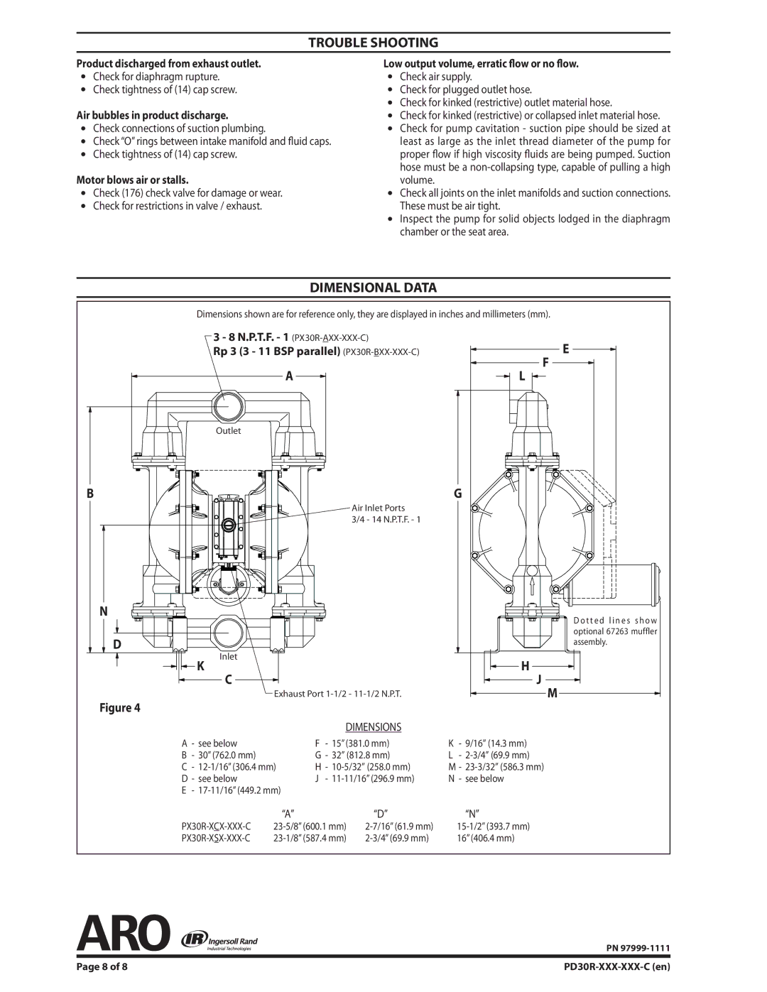 Ingersoll-Rand PD30R-XXX-XXX-C dimensions Trouble Shooting, Dimensional Data 