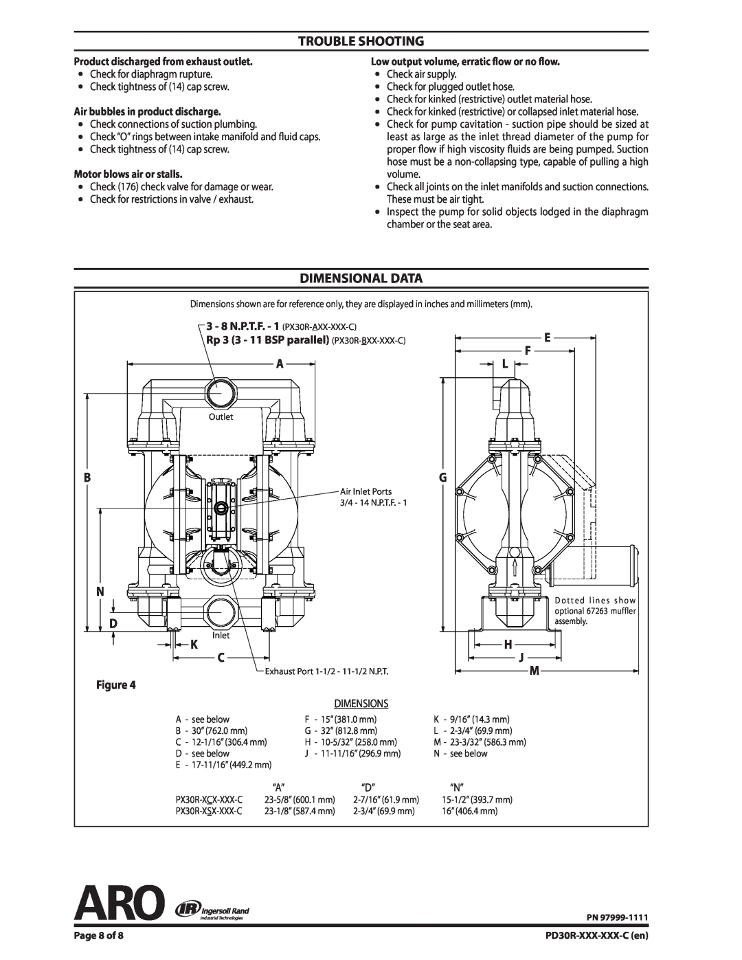 Ingersoll-Rand PD30R-XXX-XXX-C dimensions Trouble Shooting, Dimensional Data 