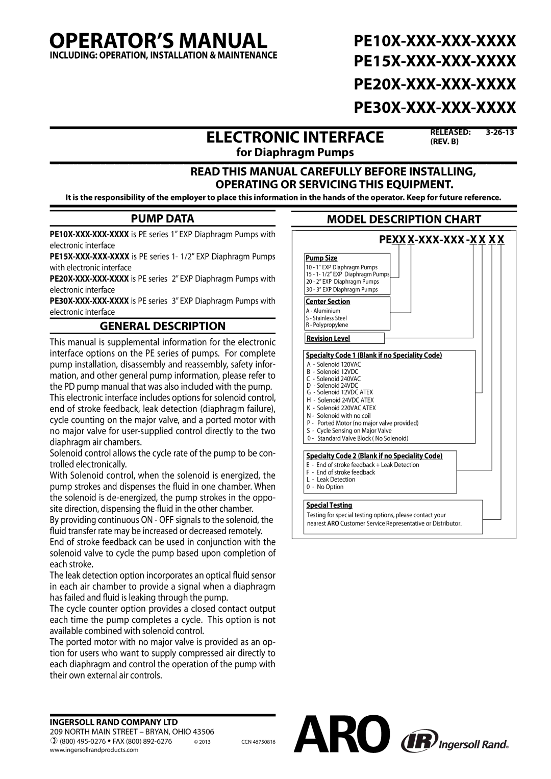 Ingersoll-Rand PE10X-XXX-XXX-XXXX, PE30X-XXX-XXX-XXXX manual For Diaphragm Pumps, Pump Data, General description 