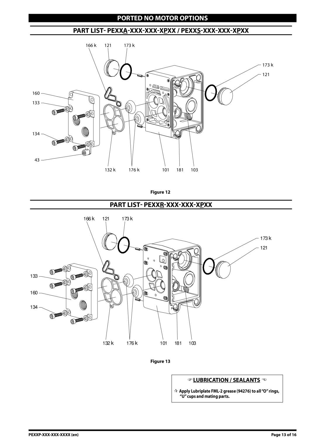 Ingersoll-Rand PE10X-XXX-XXX-XXXX manual Ported no Motor Options, PArt list- PEXXA-XXX-XXX-XPXX / PEXXS-XXX-XXX-XPXX 