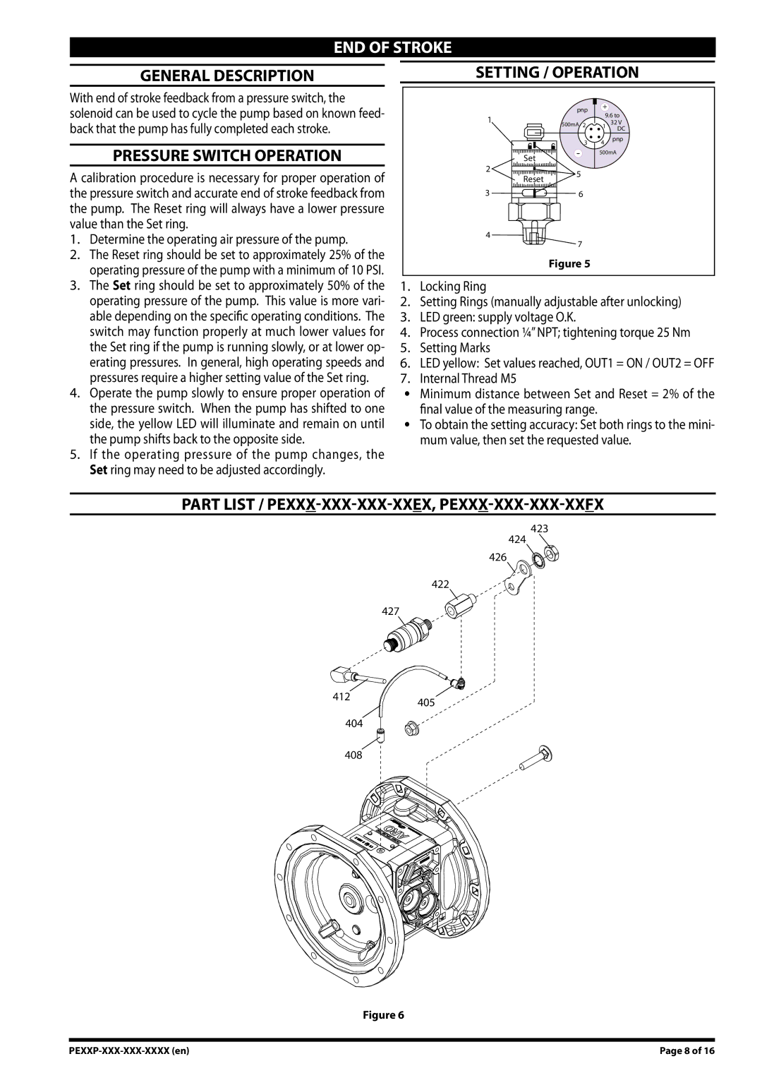 Ingersoll-Rand PE30X-XXX-XXX-XXXX, PE10X-XXX-XXX-XXXX manual END of Stroke, Pressure switch operation, Setting / Operation 