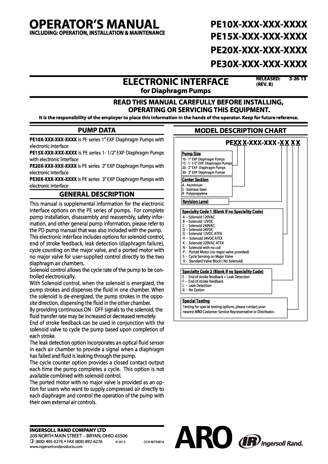 Ingersoll-Rand PE10X-XXX-XXX-XXXX manual for Diaphragm Pumps, Read This Manual Carefully Before Installing, Pump Data 