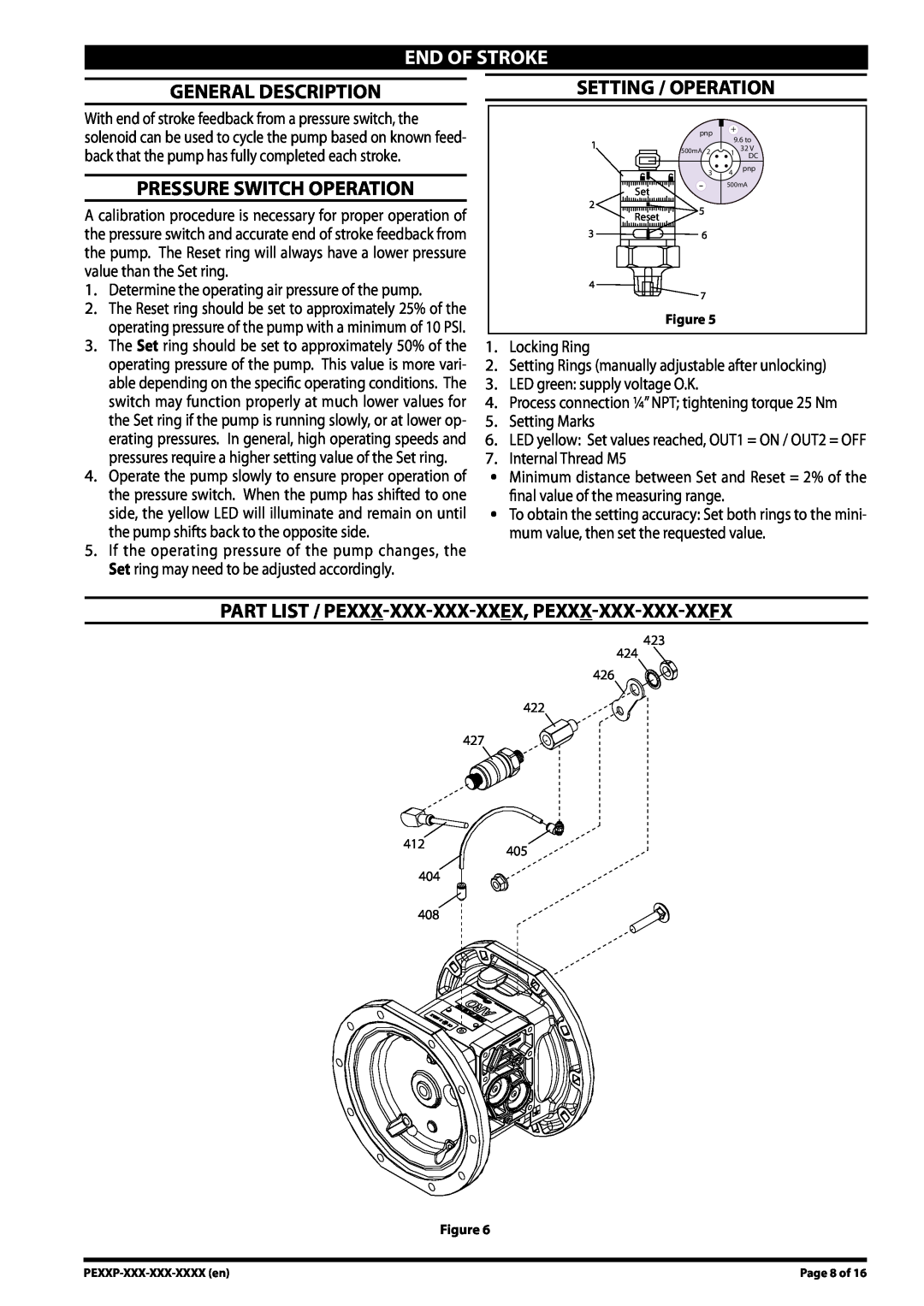 Ingersoll-Rand PE30X-XXX-XXX-XXXX manual End Of Stroke, Pressure switch operation, Setting / Operation, Internal Thread M5 