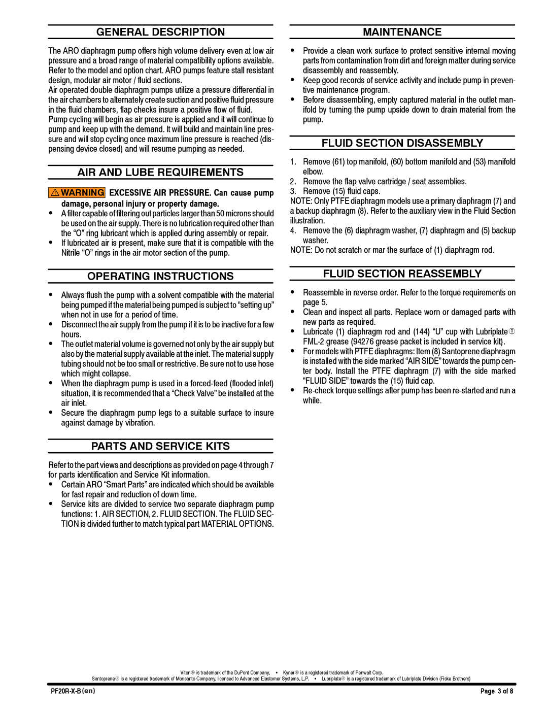 Ingersoll-Rand PF20R-X-B manual General Description, AIR and Lube Requirements, Maintenance, Fluid Section Disassembly 