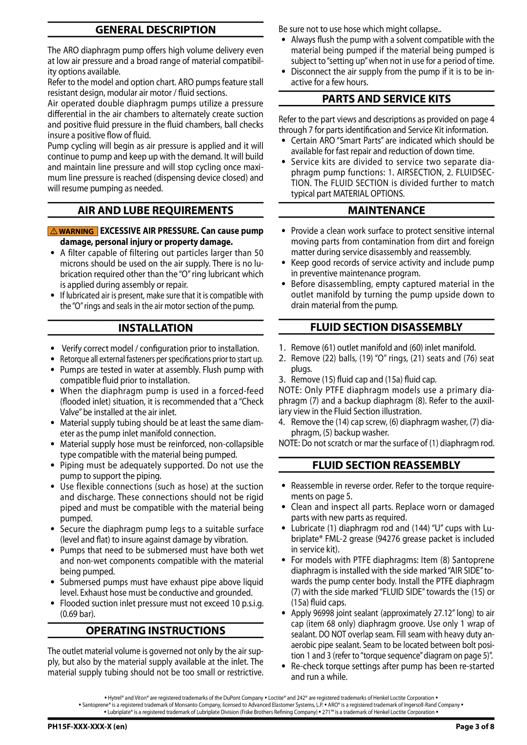 Ingersoll-Rand PH15F-XXX-XXX-X manual General Description, AIR and Lube Requirements, Parts and Service Kits, Maintenance 