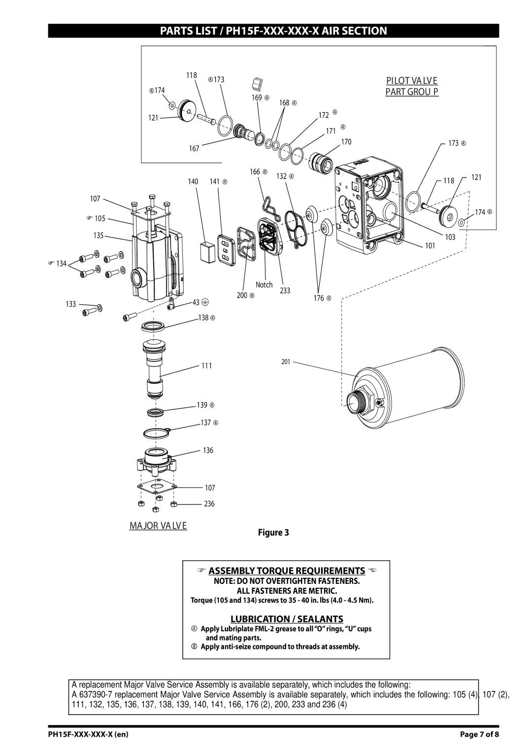 Ingersoll-Rand PH15F-XXX-XXX-X manual Pilot Valve Part Group, Torque 105 and 134 screws to 35 40 in. lbs 4.0 4.5 Nm 