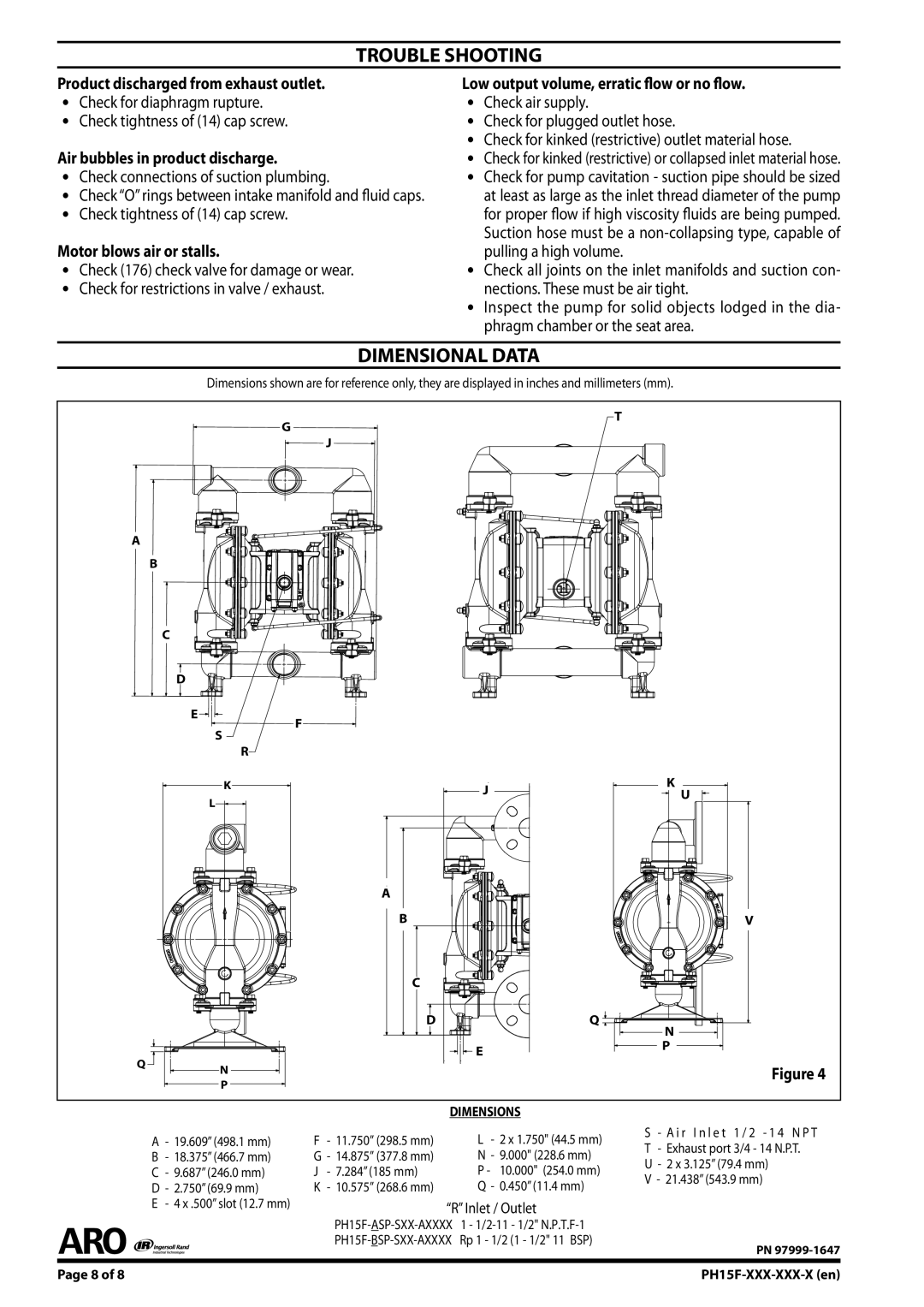 Ingersoll-Rand PH15F-XXX-XXX-X manual Trouble Shooting, Dimensional Data, Air bubbles in product discharge 