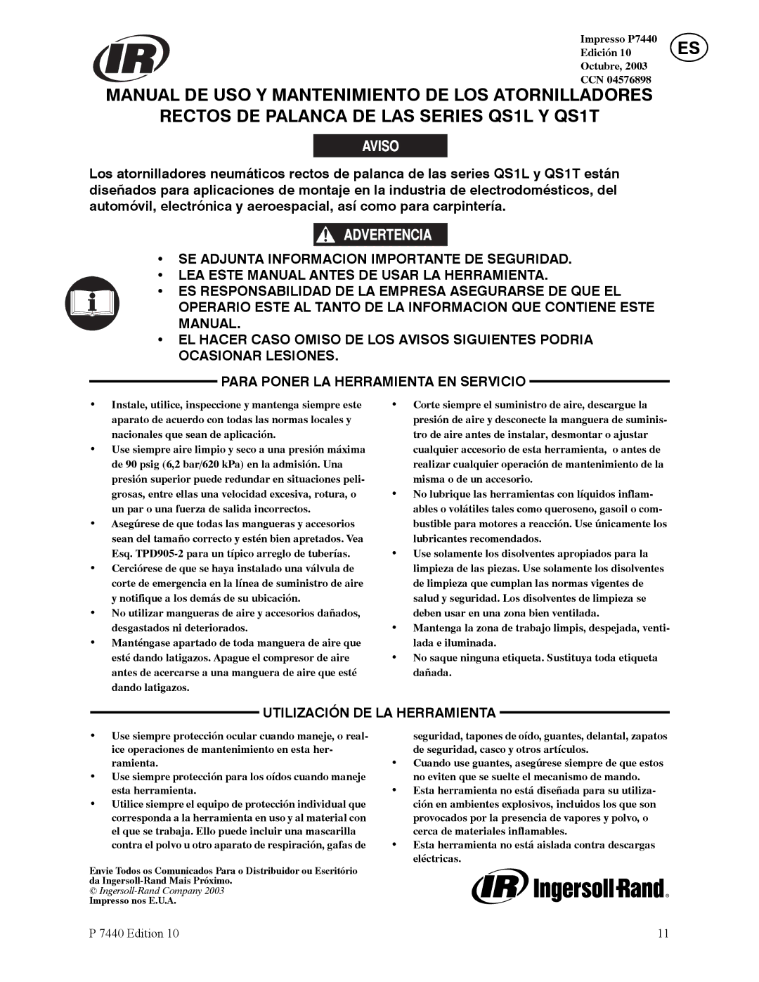 Ingersoll-Rand QS1T, QS1L manual Utilización DE LA Herramienta, Impresso P7440 Edición Octubre CCN 