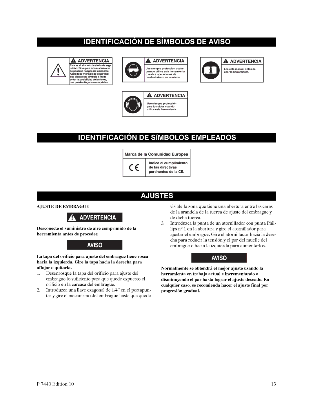 Ingersoll-Rand QS1T, QS1L manual Identificación DE Símbolos DE Aviso, Ajustes, Ajuste DE Embrague 