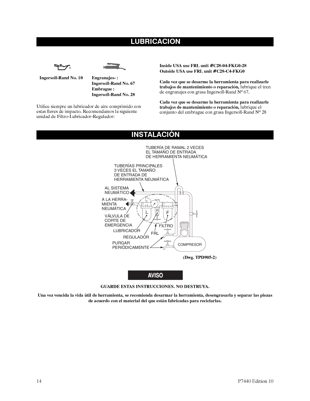 Ingersoll-Rand QS1L, QS1T manual Lubricacion, Instalación, Ingersoll-Rand No Engranajes Embrague 