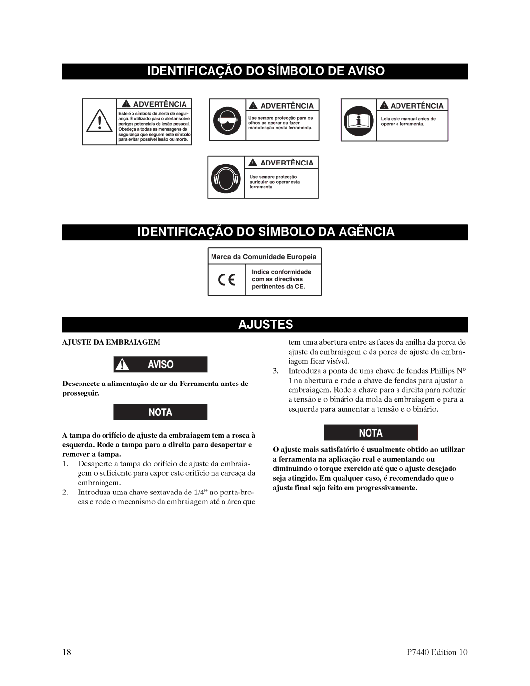 Ingersoll-Rand QS1L, QS1T Identificação do Símbolo DE Aviso, Identificação do Símbolo DA Agência, Ajuste DA Embraiagem 