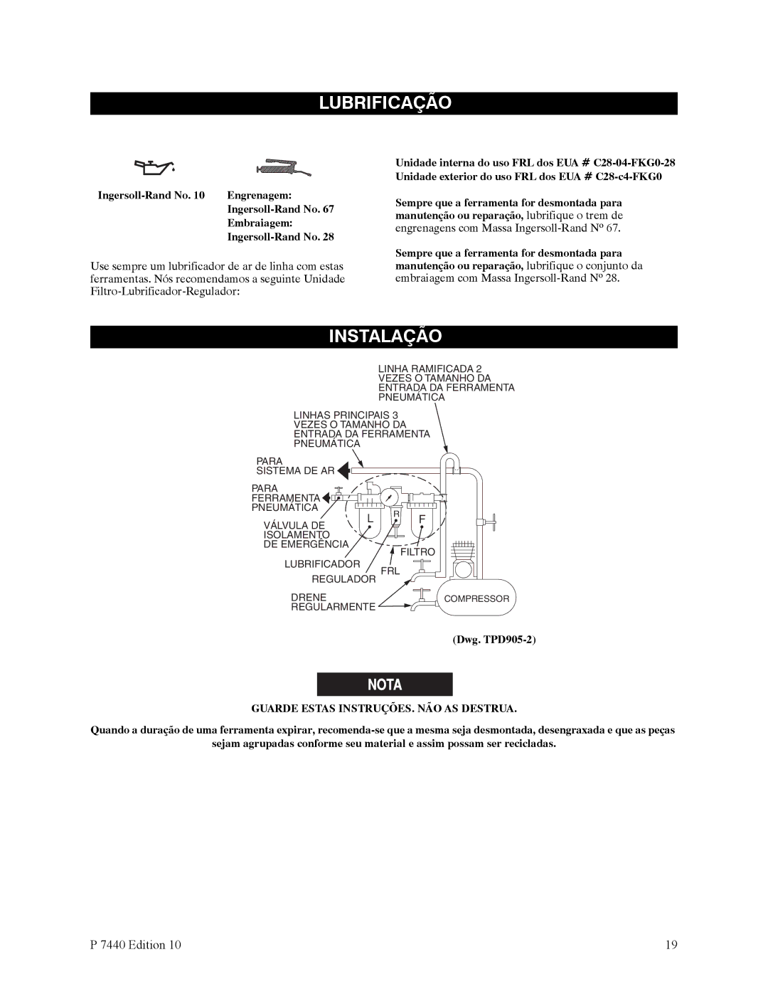 Ingersoll-Rand QS1T, QS1L manual Lubrificação, Instalação, Ingersoll-Rand No Engrenagem Embraiagem 