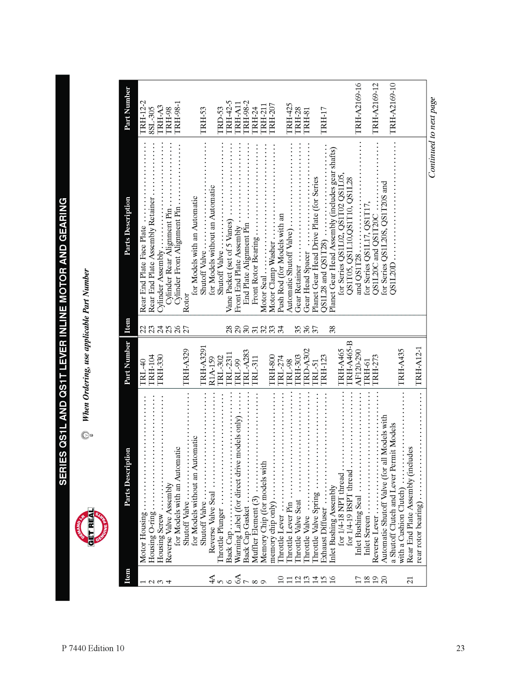 Ingersoll-Rand QS1T, QS1L manual When Ordering, use applicable Part Number 