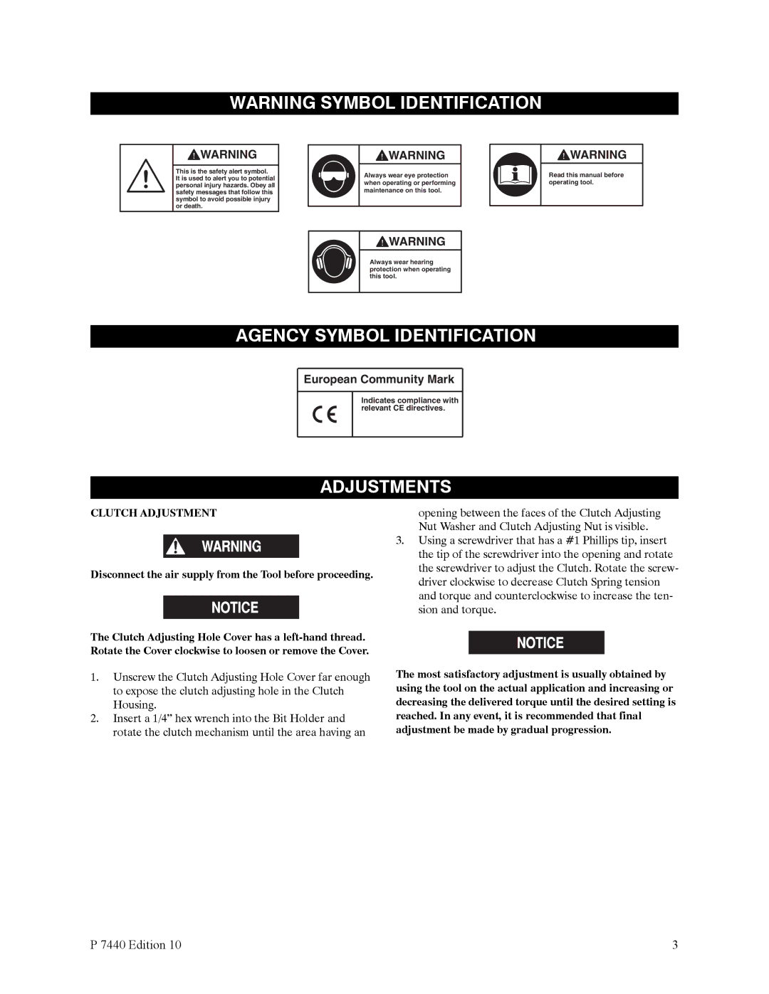 Ingersoll-Rand QS1T, QS1L manual Agency Symbol Identification, Adjustments, Clutch Adjustment 