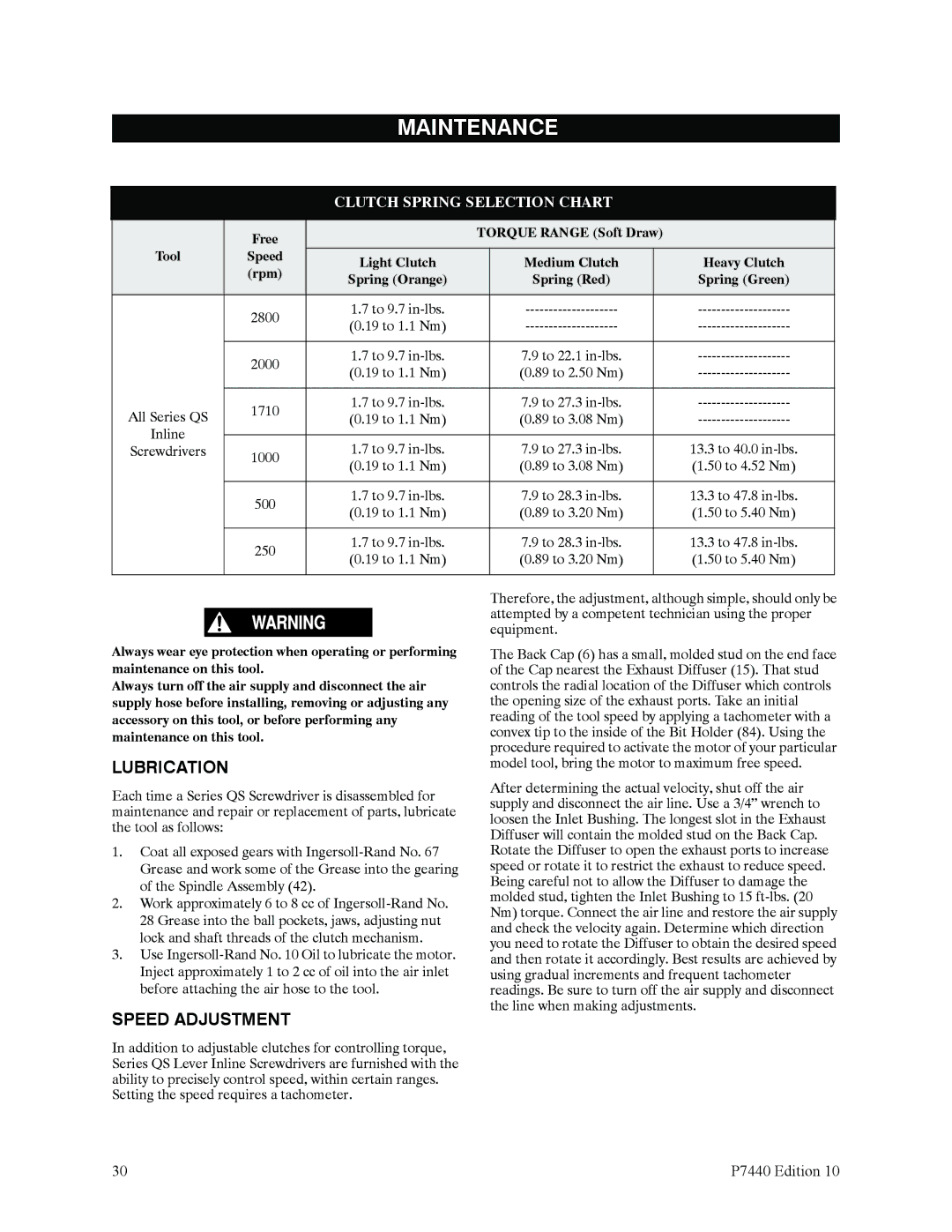 Ingersoll-Rand QS1L, QS1T Maintenance, Lubrication, Speed Adjustment, Free Torque Range Soft Draw Tool Speed Light Clutch 