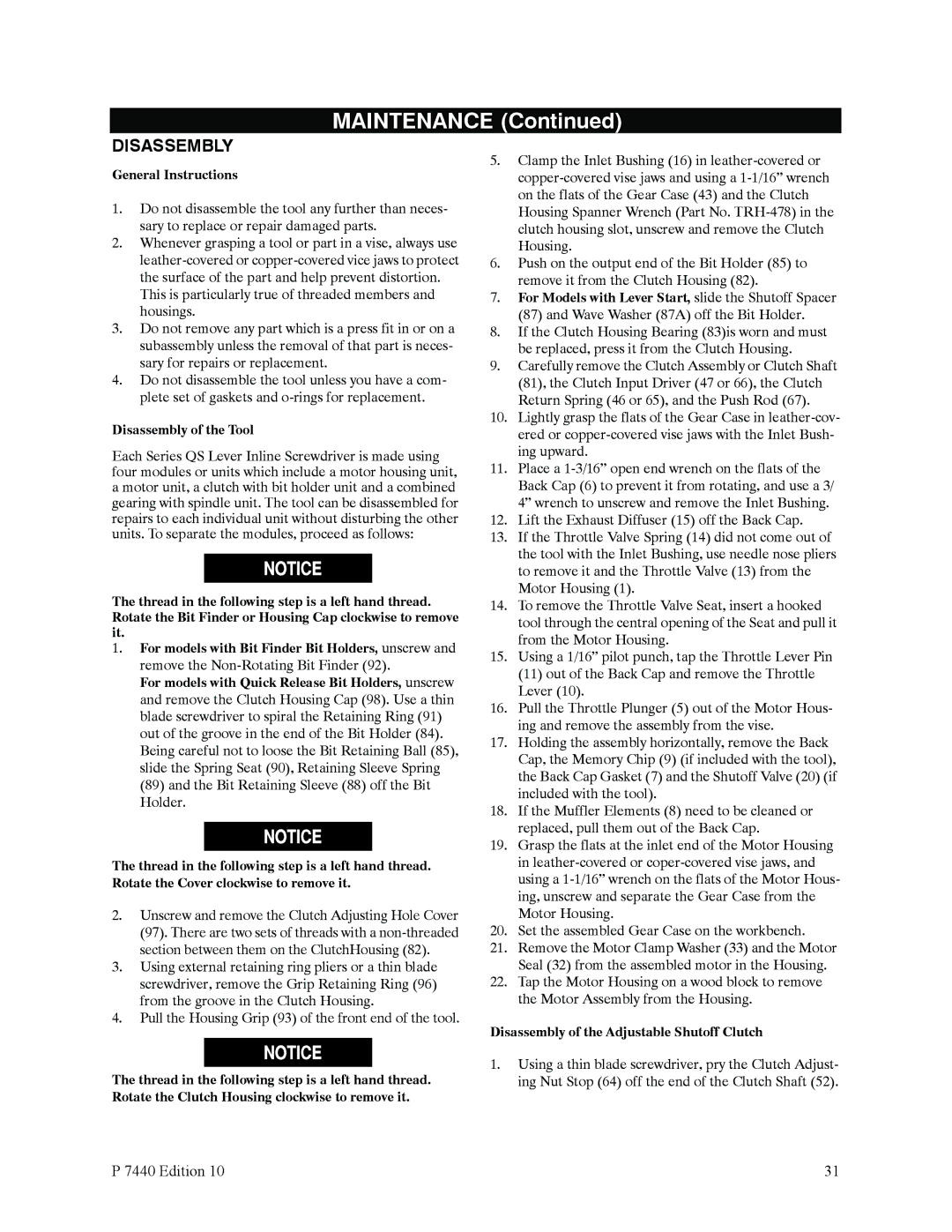 Ingersoll-Rand QS1T, QS1L General Instructions, Disassembly of the Tool, Disassembly of the Adjustable Shutoff Clutch 