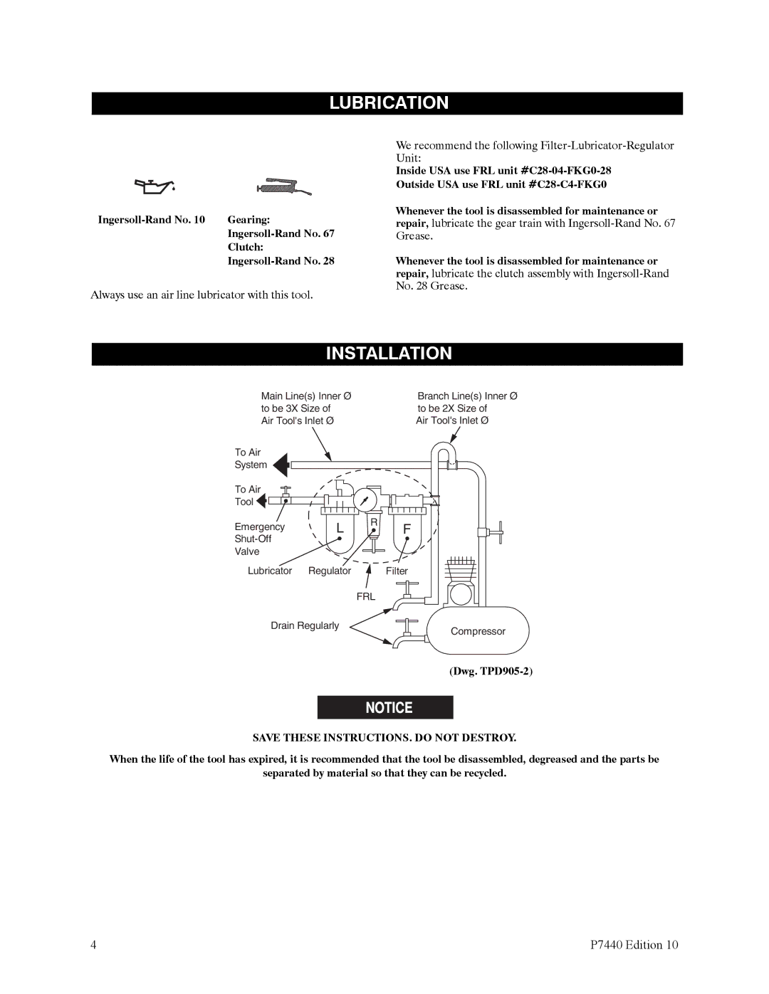 Ingersoll-Rand QS1L, QS1T manual Lubrication, Installation, Ingersoll-Rand No Gearing Clutch, Dwg. TPD905-2 