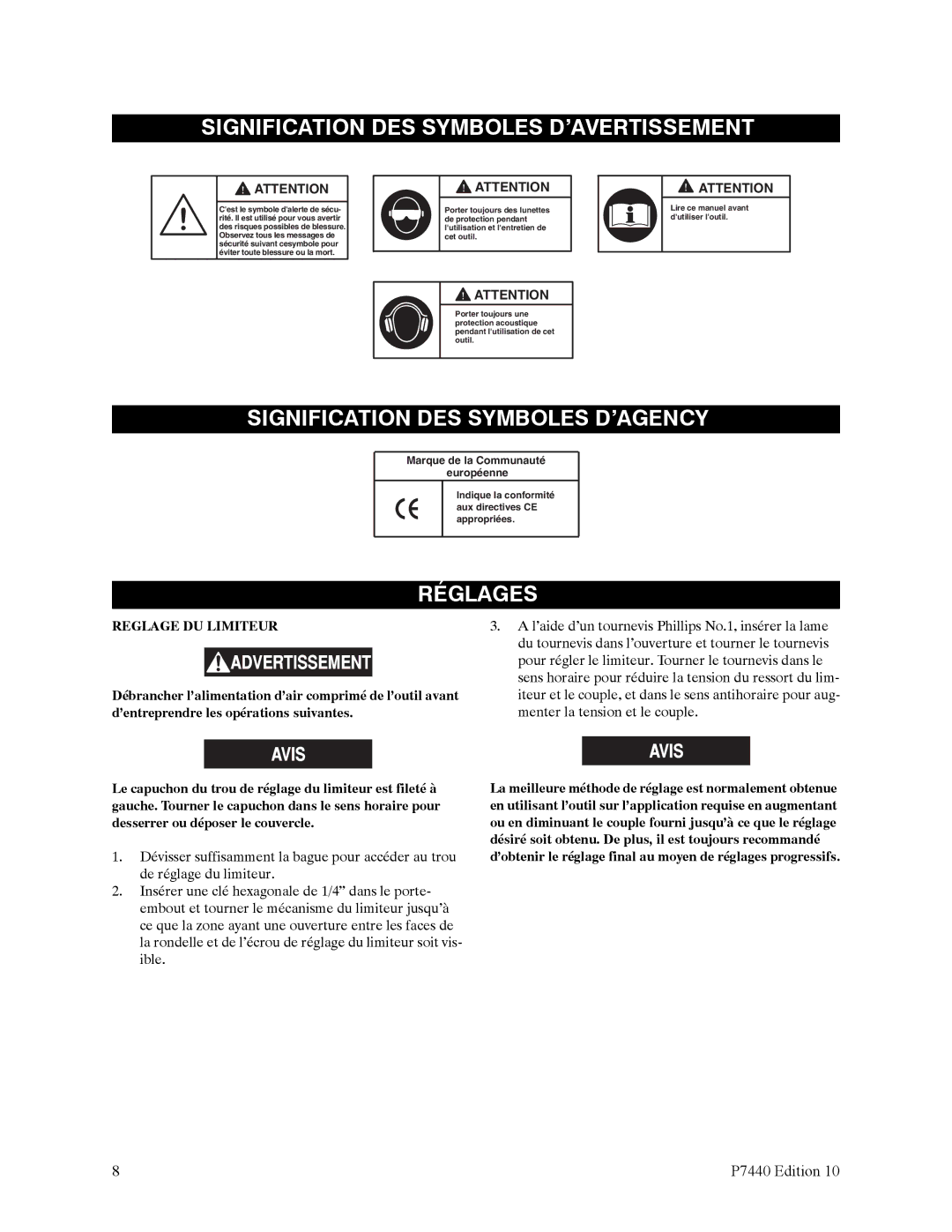 Ingersoll-Rand QS1L, QS1T manual Signification DES Symboles D’AVERTISSEMENT, Signification DES Symboles D’AGENCY, Réglages 