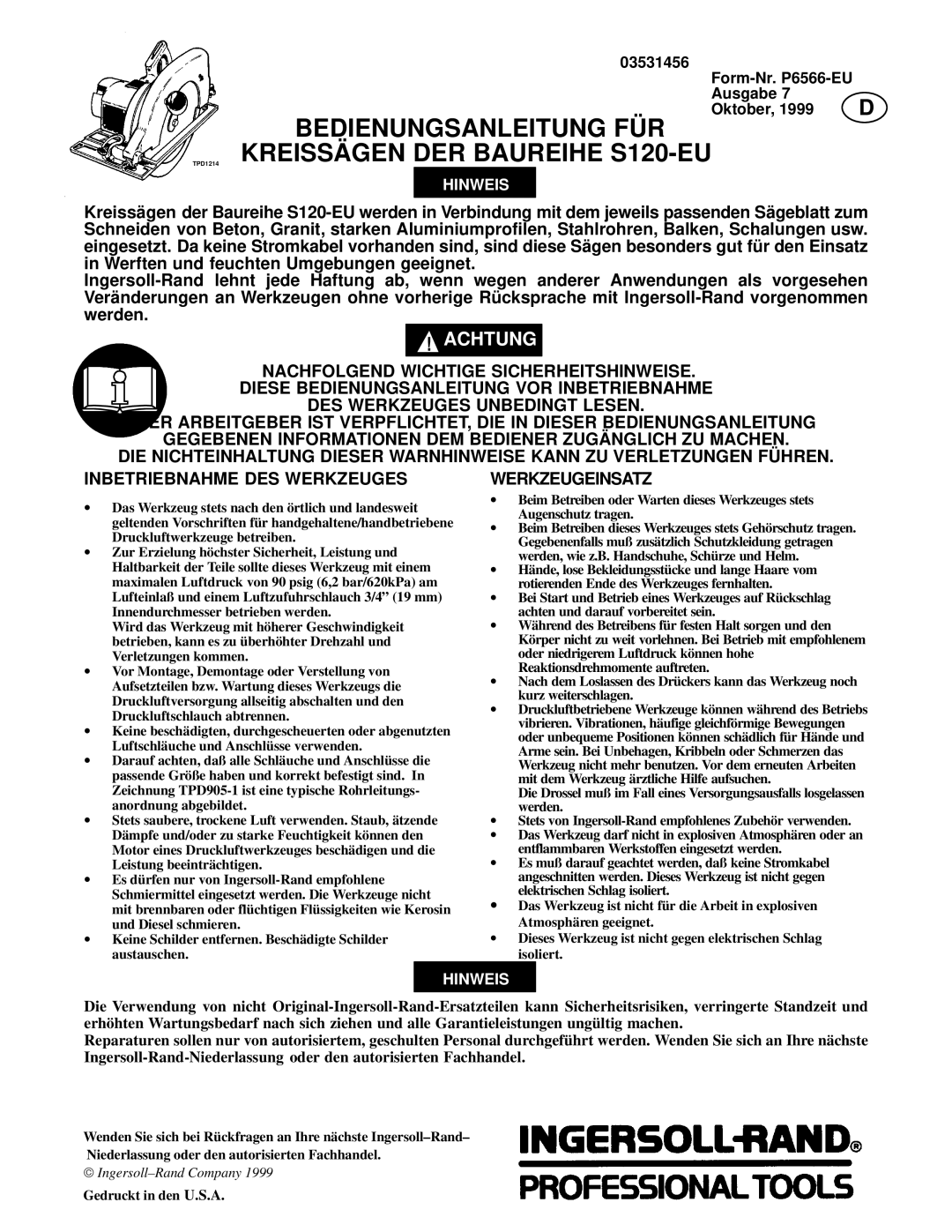 Ingersoll-Rand manual Bedienungsanleitung FÜ R Kreissä GEN DER Baureihe S120-EU, Achtung, Werkzeugeinsatz 