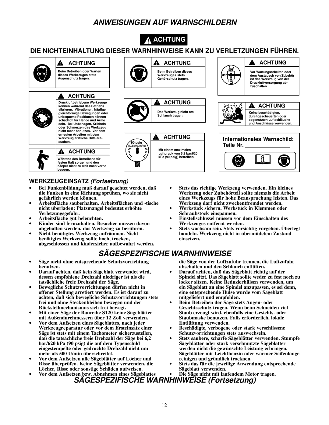 Ingersoll-Rand S120-EU manual Anweisungen AUF Warnschildern, SÄ Gespezifische Warnhinweise, Werkzeugeinsatz Fortsetzung 