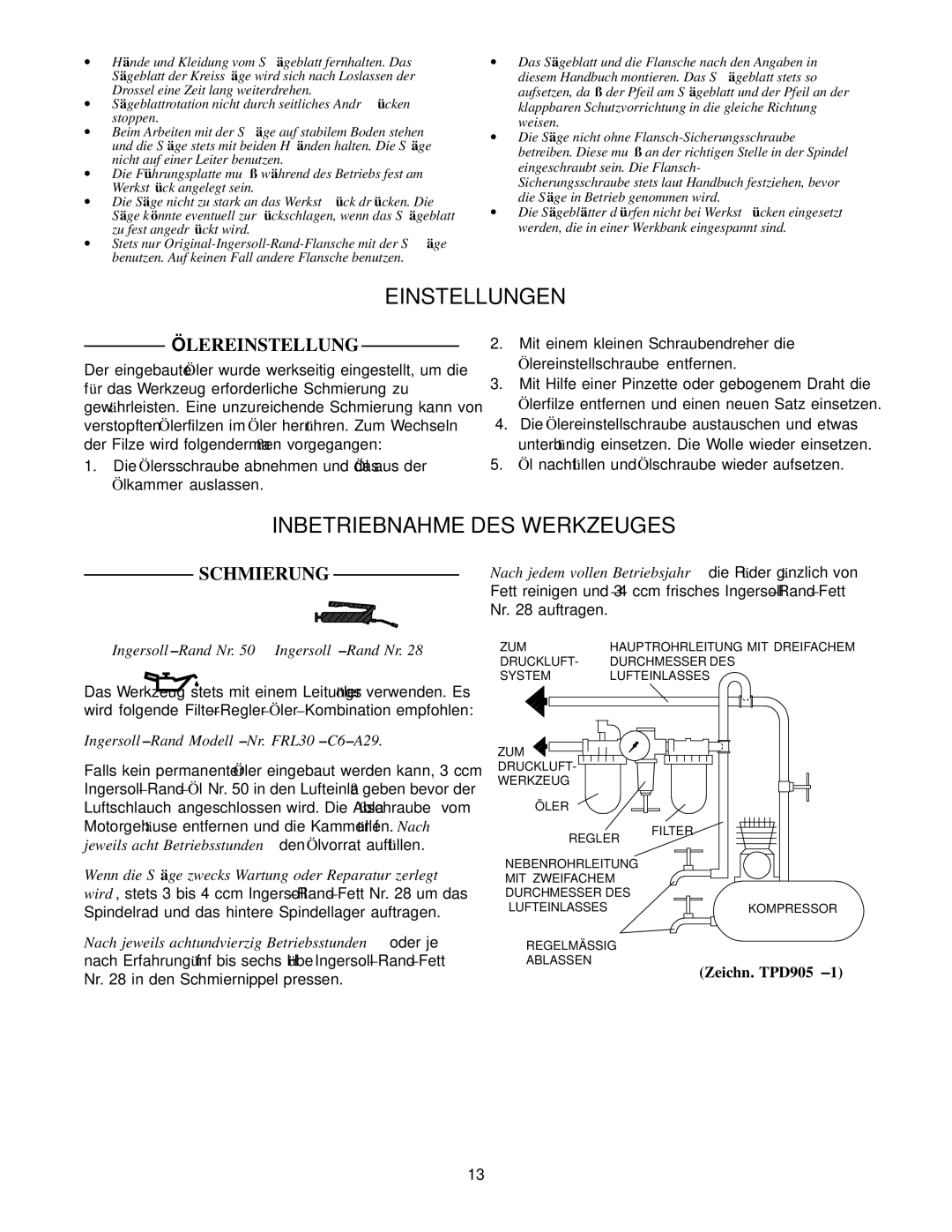 Ingersoll-Rand S120-EU manual Einstellungen, Inbetriebnahme DES Werkzeuges, Lereinstellung, Schmierung 