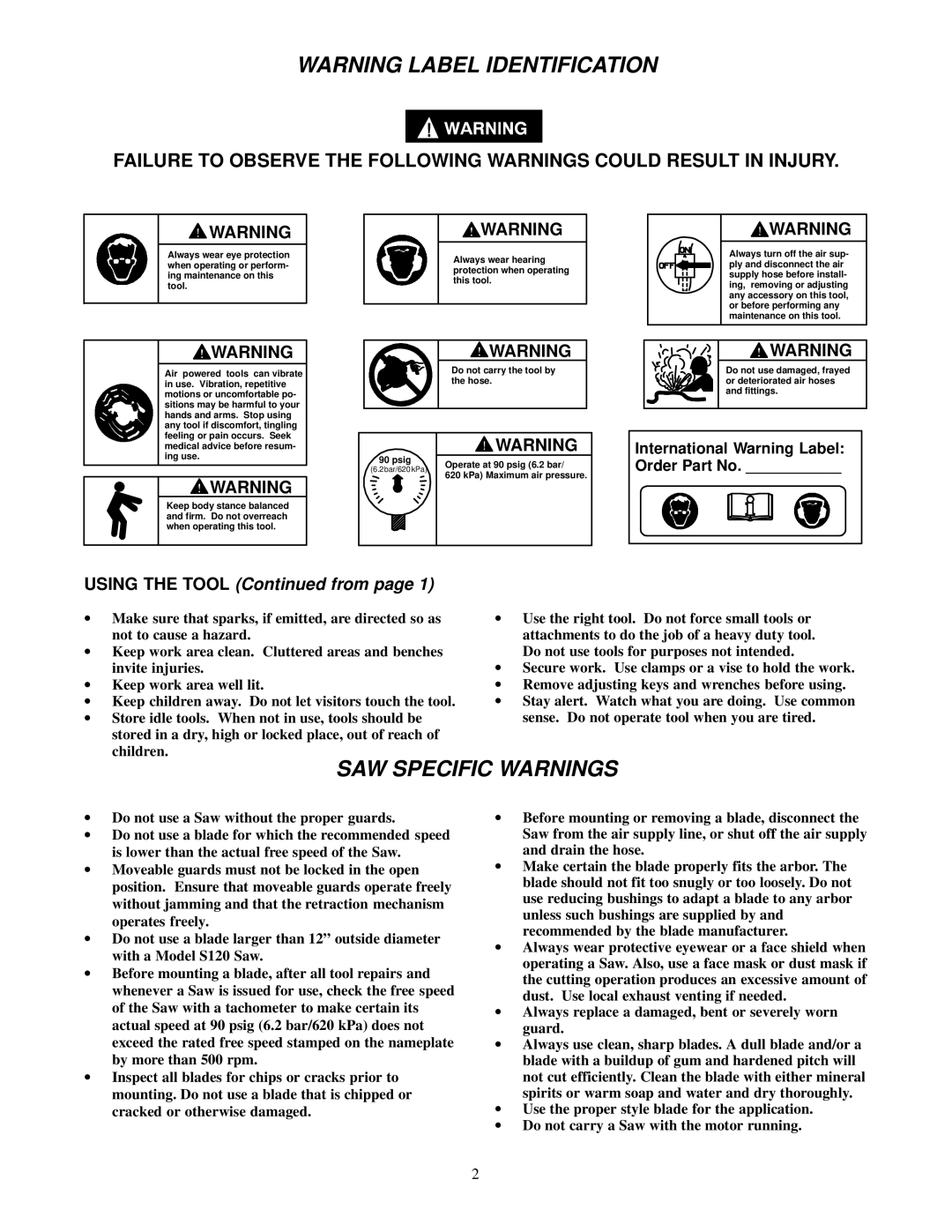 Ingersoll-Rand S120-EU manual SAW Specific Warnings, Using the Tool from 