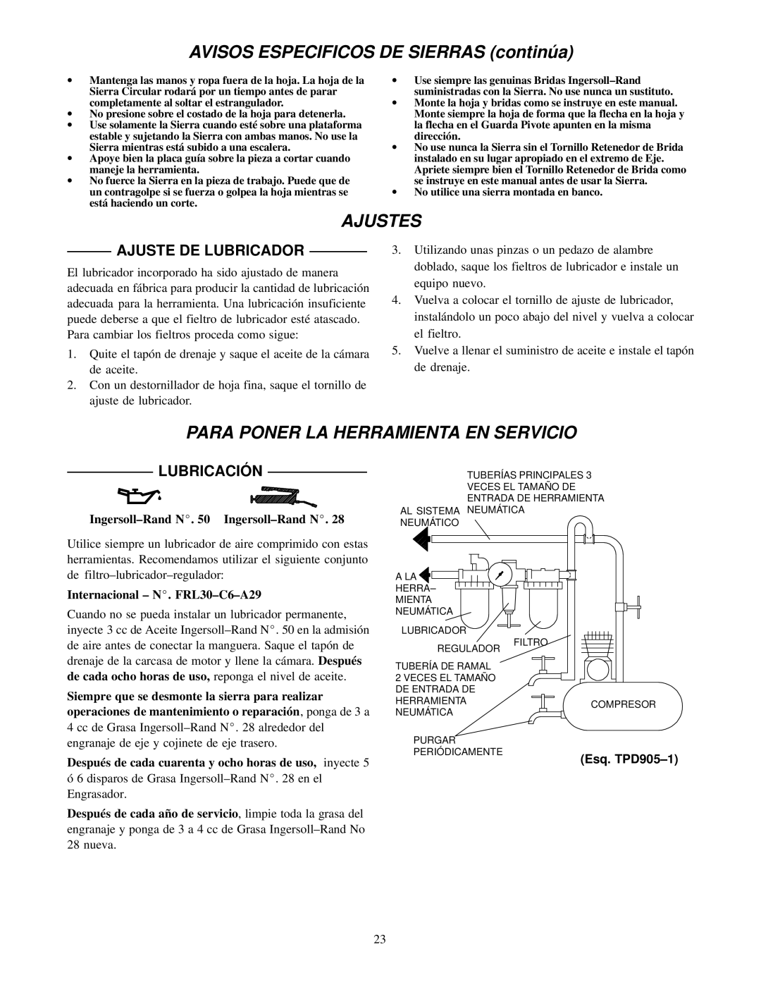 Ingersoll-Rand S120-EU manual Avisos Especificos DE Sierras continú a, Ajustes, Para Poner LA Herramienta EN Servicio 