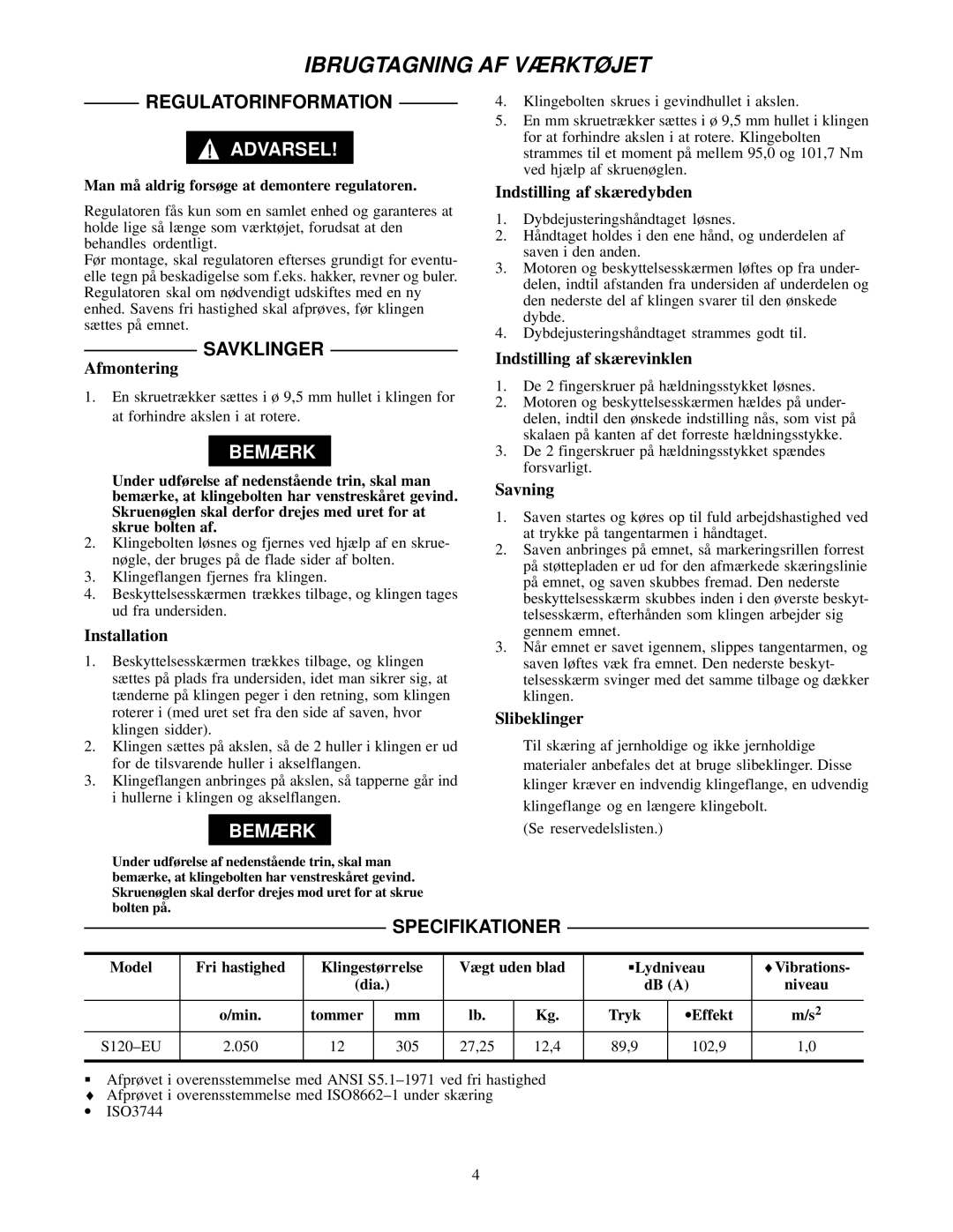 Ingersoll-Rand S120-EU manual Regulatorinformation, Savklinger, Specifikationer 