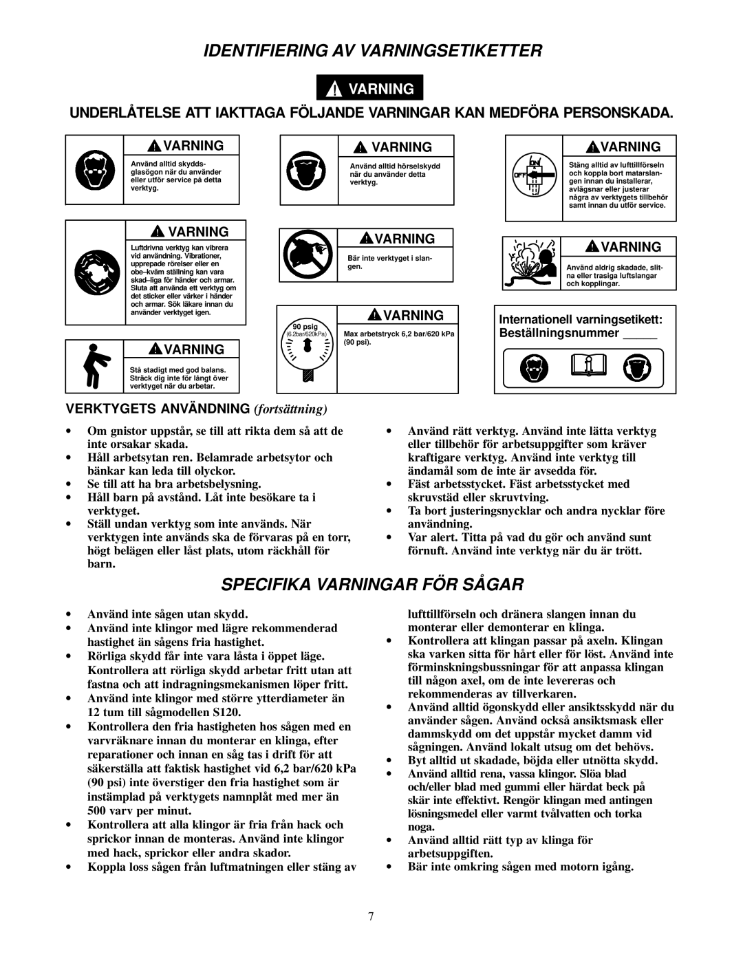 Ingersoll-Rand S120-EU manual Identifiering AV Varningsetiketter, Specifika Varningar FÖ R SÅ GAR 