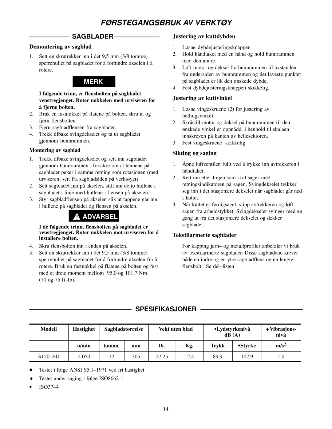 Ingersoll-Rand S120-EU manual Sagblader, Spesifikasjoner 