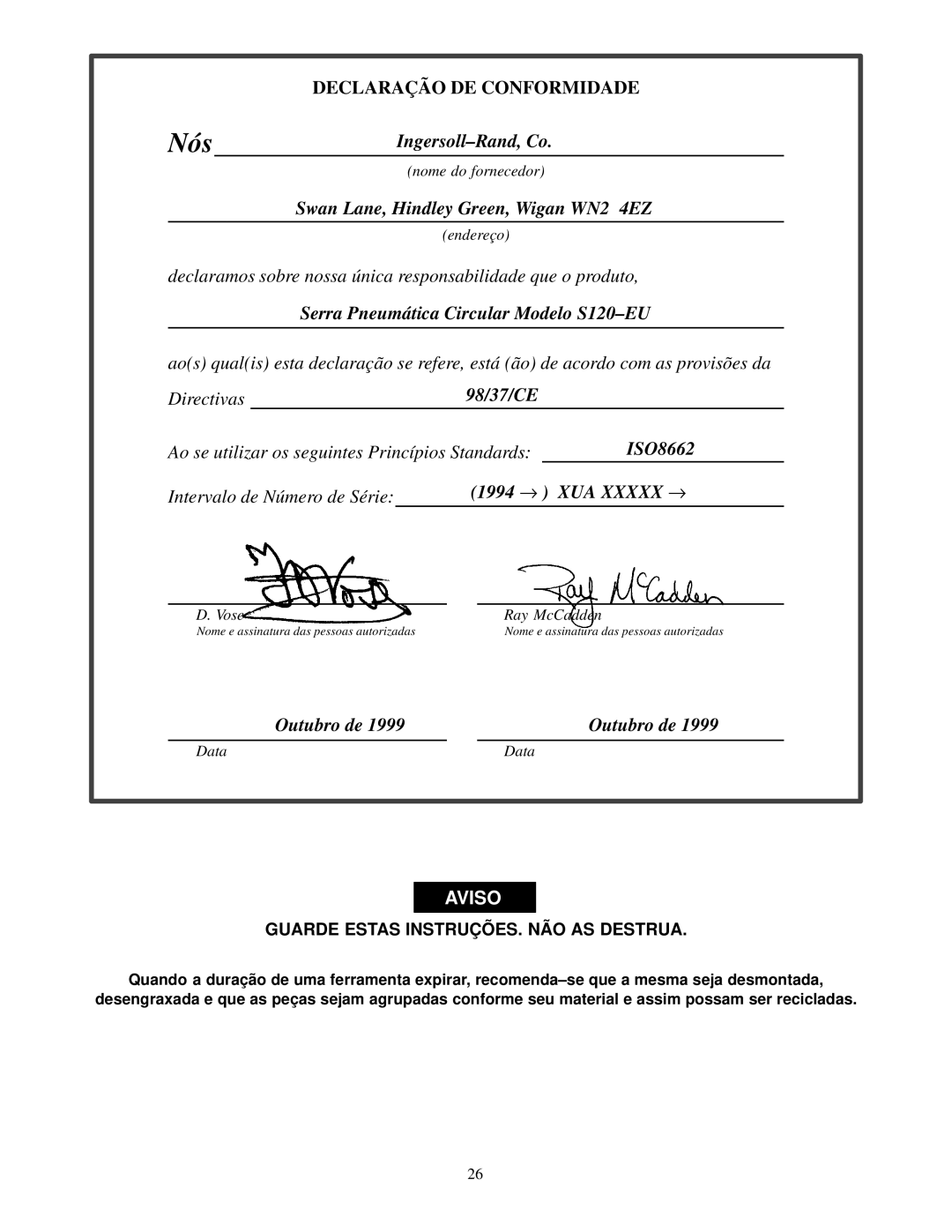 Ingersoll-Rand Serra Pneumá tica Circular Modelo S120-EU, 1994 →, Outubro de, Guarde Estas Instruçõ ES. NÃ O AS Destrua 