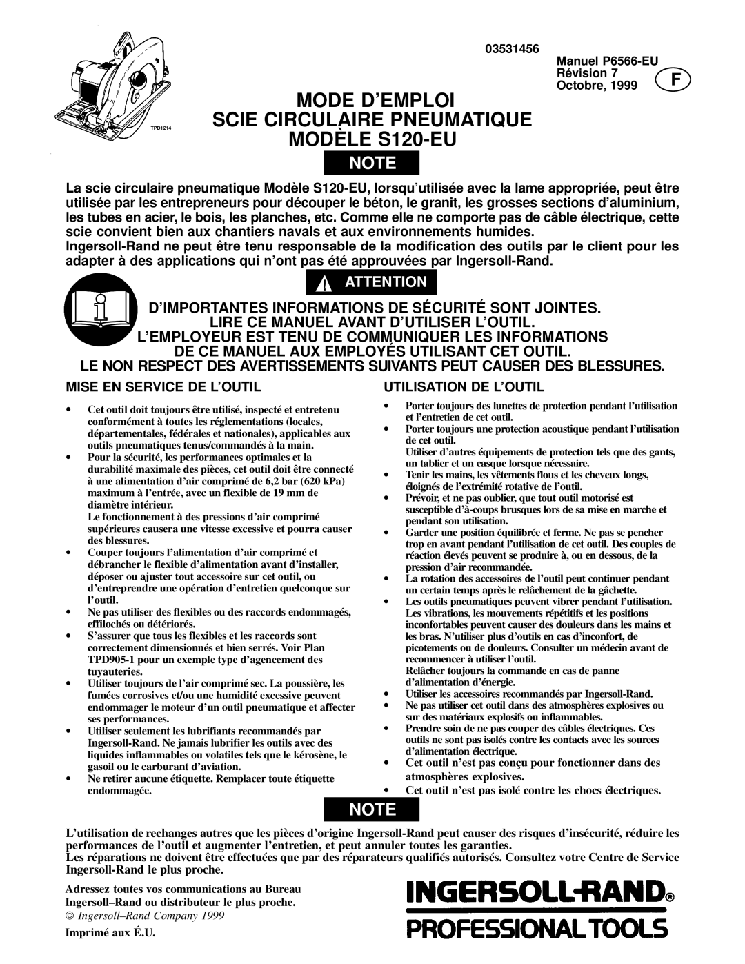 Ingersoll-Rand Mode D’EMPLOI Scie Circulaire Pneumatique, Modè LE S120-EU, Mise EN Service DE L’OUTIL, Imprimé aux É .U 